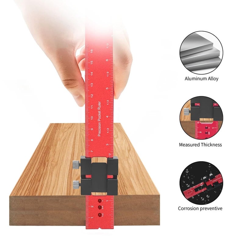 Aluminum Alloy Scribing Ruler Anti Slip Woodworking Tool with Stop Red - Image 5